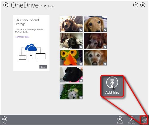 The Add Files command icon, encircled in red, in OneDrive