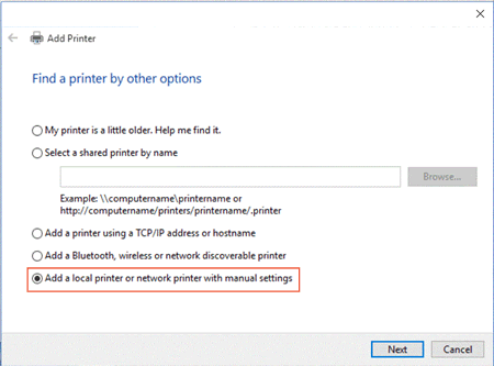 Selecting Add a printer using local or network printer with manual settings