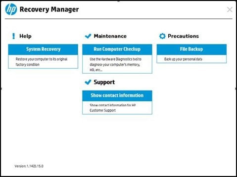 Hauptbildschirm „Recovery Manager“ mit ausgewählter Option „Minimierte Image-Wiederherstellung“