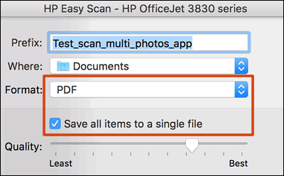 Select PDF format and checkbox to save into a single file