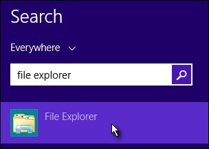 The search for File Explorer from the Start screen