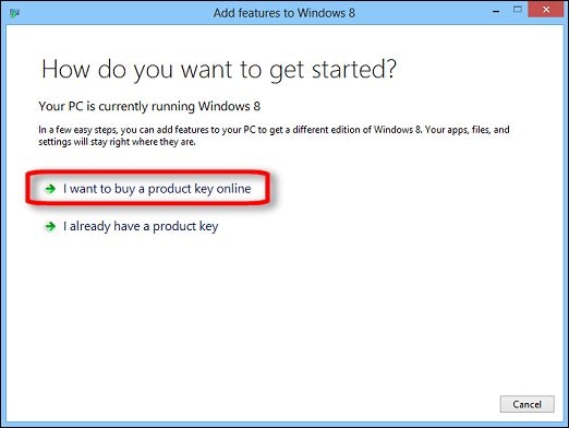 The Add features to Windows 8 window with I want to buy a product key online selected