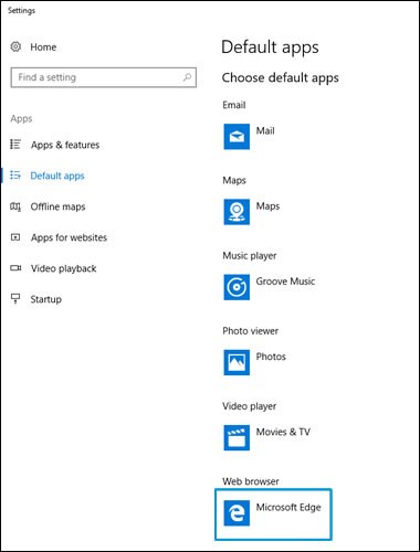 The Default apps window with Web browser settings highlighted