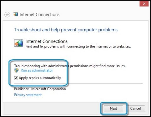 Internet Connections window with selections Run as administrator, Apply repairs automatically, and  Next button  highlighted