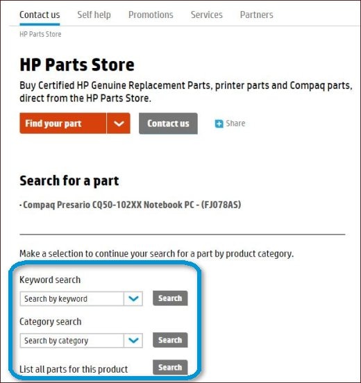 Obrázek webové stránky HP Parts Store s vyhledáváním v rozevíracích nabídkách