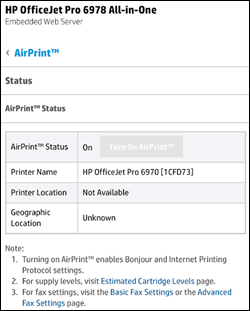 Embedded Web Server AirPrint status on an  iOS device