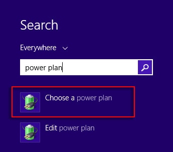 Search field with Choose a power plan selected