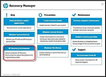 Recovery Manager -näyttö valkoisella taustalla (vuonna 2014 tai sitä myöhemmin valmistetut tietokoneet)