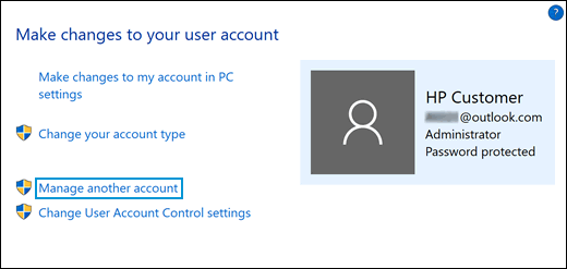 Clicking Manage another account in the User Accounts window