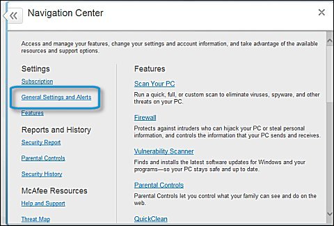 Navigation Center windows with General Settings and Alerts selection highlighted