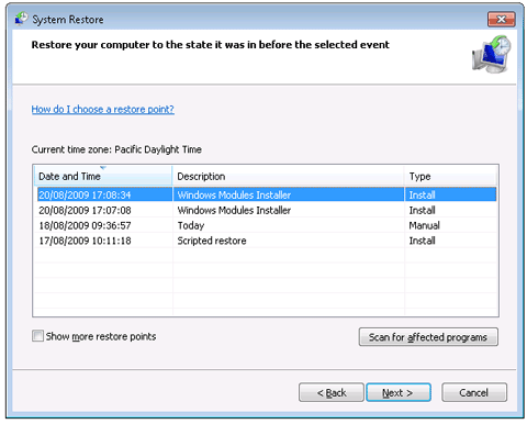  System Restore window with a date selected