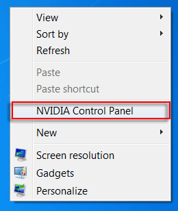 Menú de botón derecho, mostrando el Panel de control NVIDIA