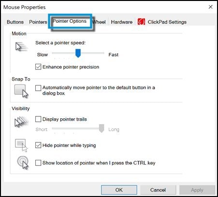Settings for the speed, and other settings, of the cursor or pointer