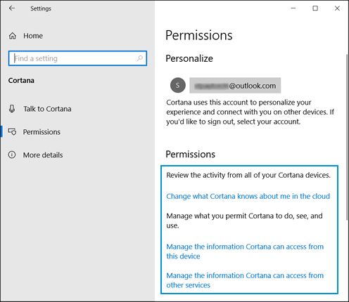 Ubicación de la configuración de permisos de Cortana