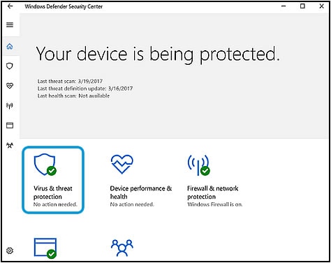 Virus & threat protection on the Windows Defender opening screen