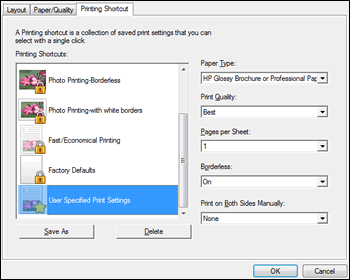 User Specified Print Settings shortcut in Printing Shortcuts window