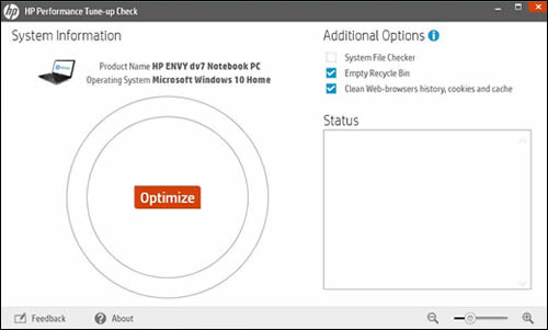 La pantalla de inicio de la Comprobación de la optimización de desempeño de HP