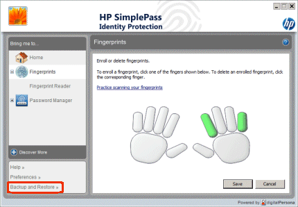 Illustration de l'écran de HP SimplePass avec Sauvegarde et restauration mis en évidence