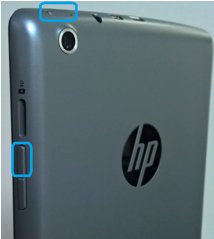 Side view of tablet with the power and volume up buttons highlighted