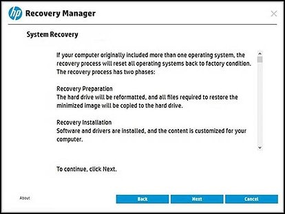 Schermata di benvenuto di HP Recovery Manager
