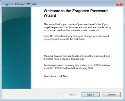 Welcome to the Forgotten Password Wizard window