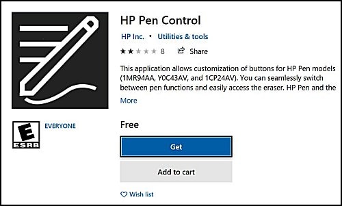 HP Pen Control Screen with Get highlighted