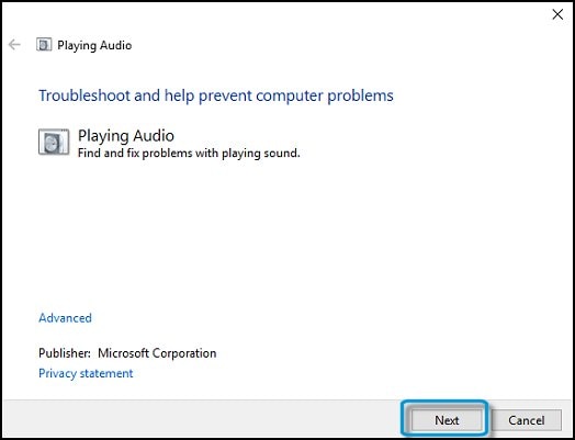 Running the Sound troubleshooter for audio playback