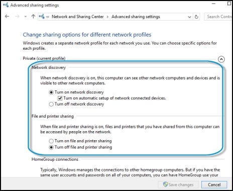 Advanced sharing settings window