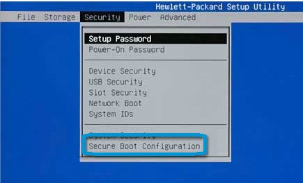 Secure Boot Configuration selection in the Security window