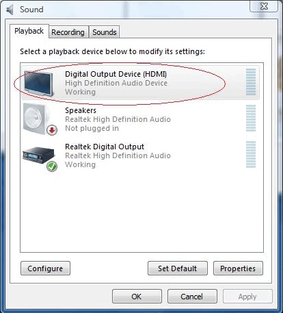 Imagen de la selección de Dispositivo de salida digital (HDMI)