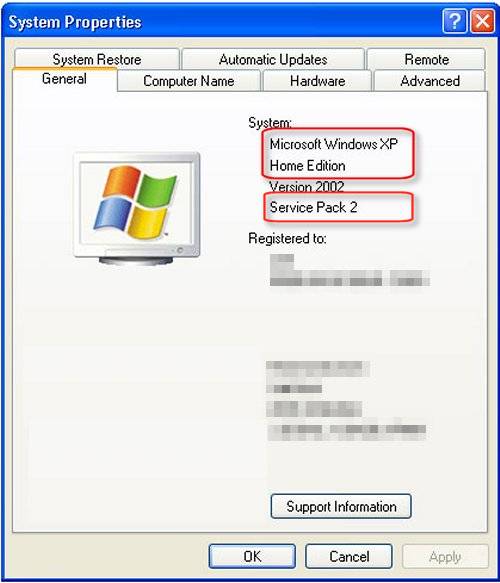 System Properties showing Windows UP Home Edition with Service Pack 2
