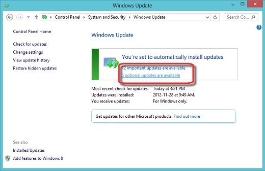 Windows Update，其中重要更新和可選更新被選中