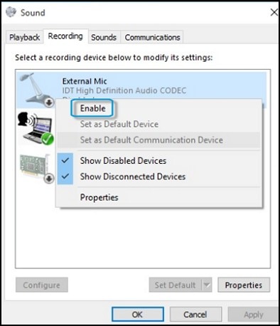Enable selection in the Sound window