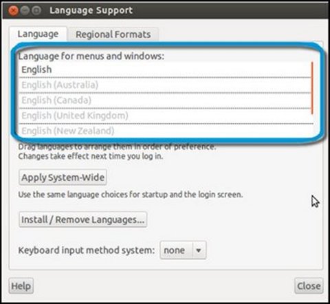 Language Support screen with Language for menus and windows highlighted