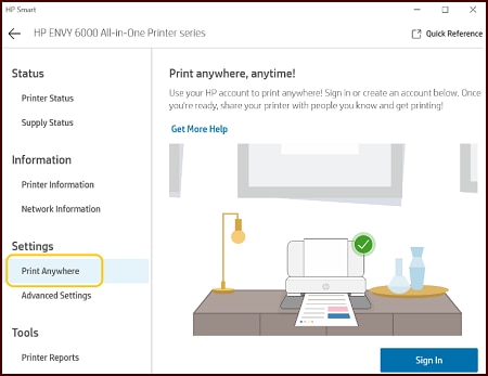 Пример информации о совместимости с функцией "Печать с любого устройства" в приложении HP Smart