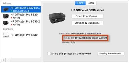 Example of an HP printer set up on the Mac with AirPrint
