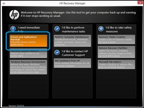 HP Recovery Manager window with Drivers and Applications Reinstall highlighted
