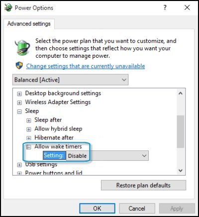 Power Options Advanced settings window (desktop PCs)