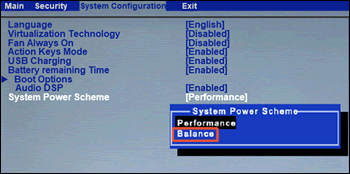 System Power Scheme (Schemat zasilania komputera) z zaznaczonym ustawieniem Balance (Zrównoważony)
