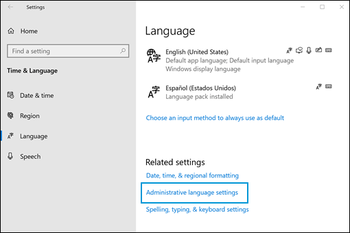 Ubicación de la configuración administrativa del idioma para aplicar el idioma seleccionado en otras áreas de Windows