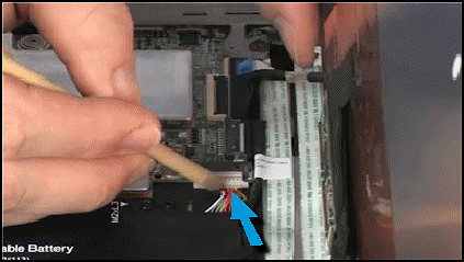 Inserting the battery cable into the connector on the system board
