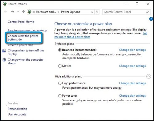 Power Options window with Choose what the power buttons do highlighted