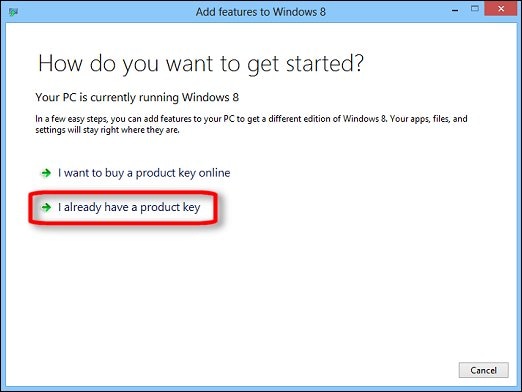 The Add features to Windows 8 window with I already have a product key selected