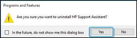Confirmation screen to uninstall HP Support Assistant with Yes selected