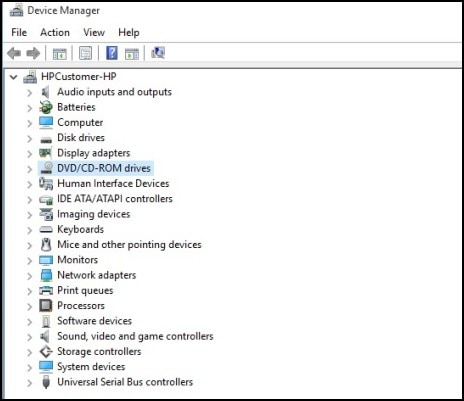 Obrázek okna Správce zařízení zobrazující umístění jednotek DVD / CD-ROM