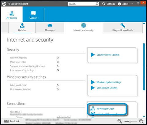 Internet and security options with HP Network Check highlighted
