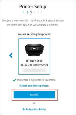 Clicking Continue for an eligible printer