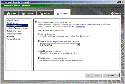 Image of Real-time protection settings window