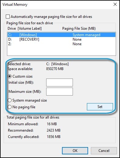 Setting the new paging file size