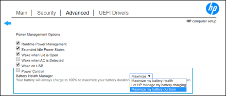 Selecting a Battery Health Manager setting